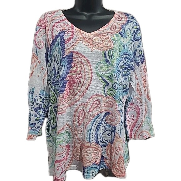 Jess & Jane Tops - Jess & Jane Burnout 3/4 Sleeve Shirt Size L Multicolor Paisley Artsy Semi-Sheer